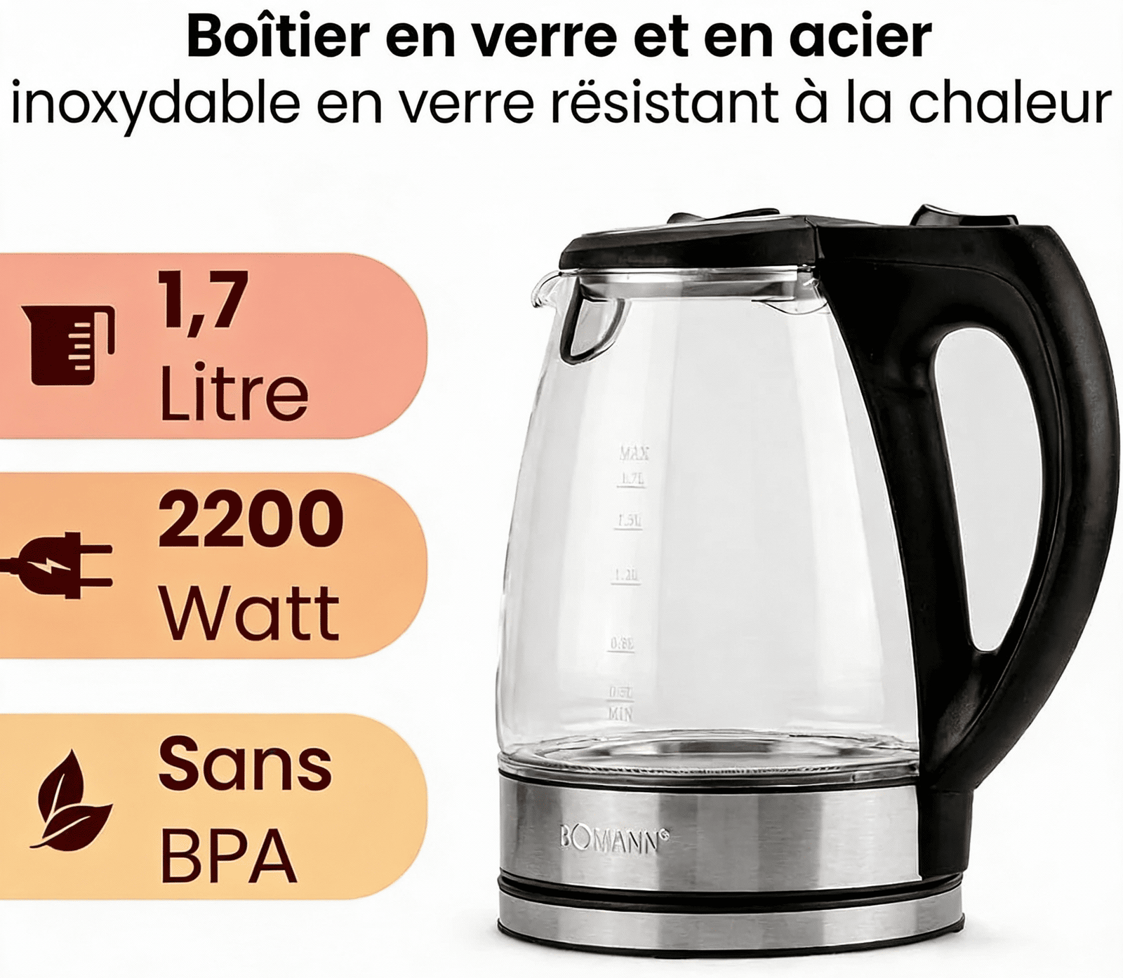 Bouilloire Bomann verre inox BPA free